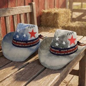 American USA Stars Stripes Print Western Straw Cowboy Hat